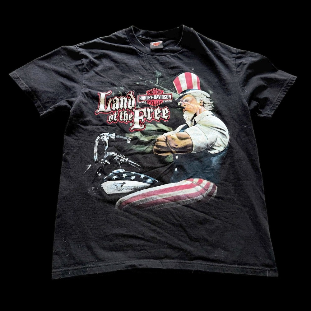 Y2K Harley Davidson Land of the Free Uncle Sam T-Shirt Boston MA Black Large
